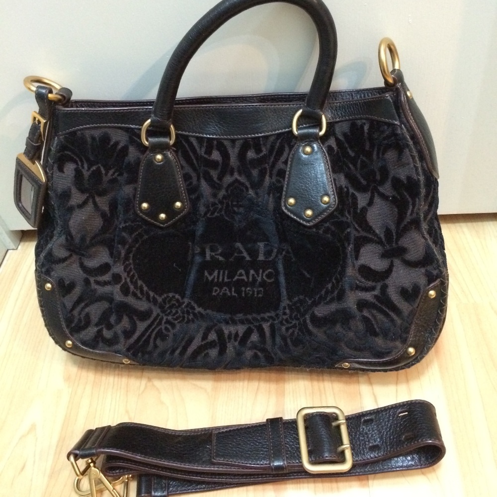 PRADA Crossbody Purse Bag Brown Velvet Embroidered
